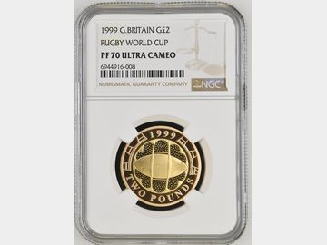 1999 ELIZABETH II PROOF GOLD 2 POUND 'RUGBY WORLD CUP' PF70 UCAM TOP POP!
