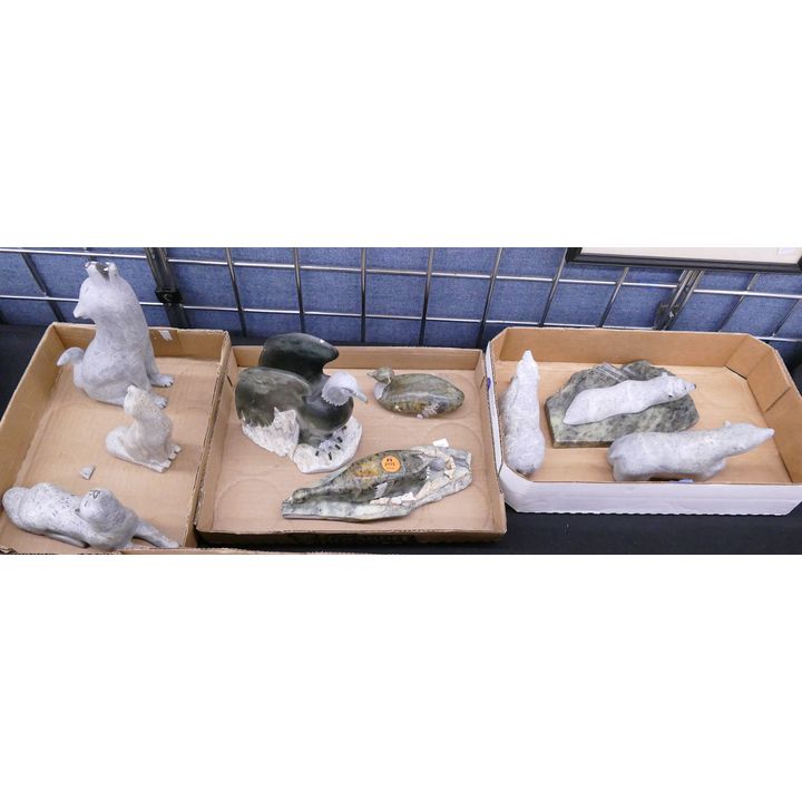3 Boxes Glenn Tingook Wolves, Birds, and Bear Soapstone Sculptures