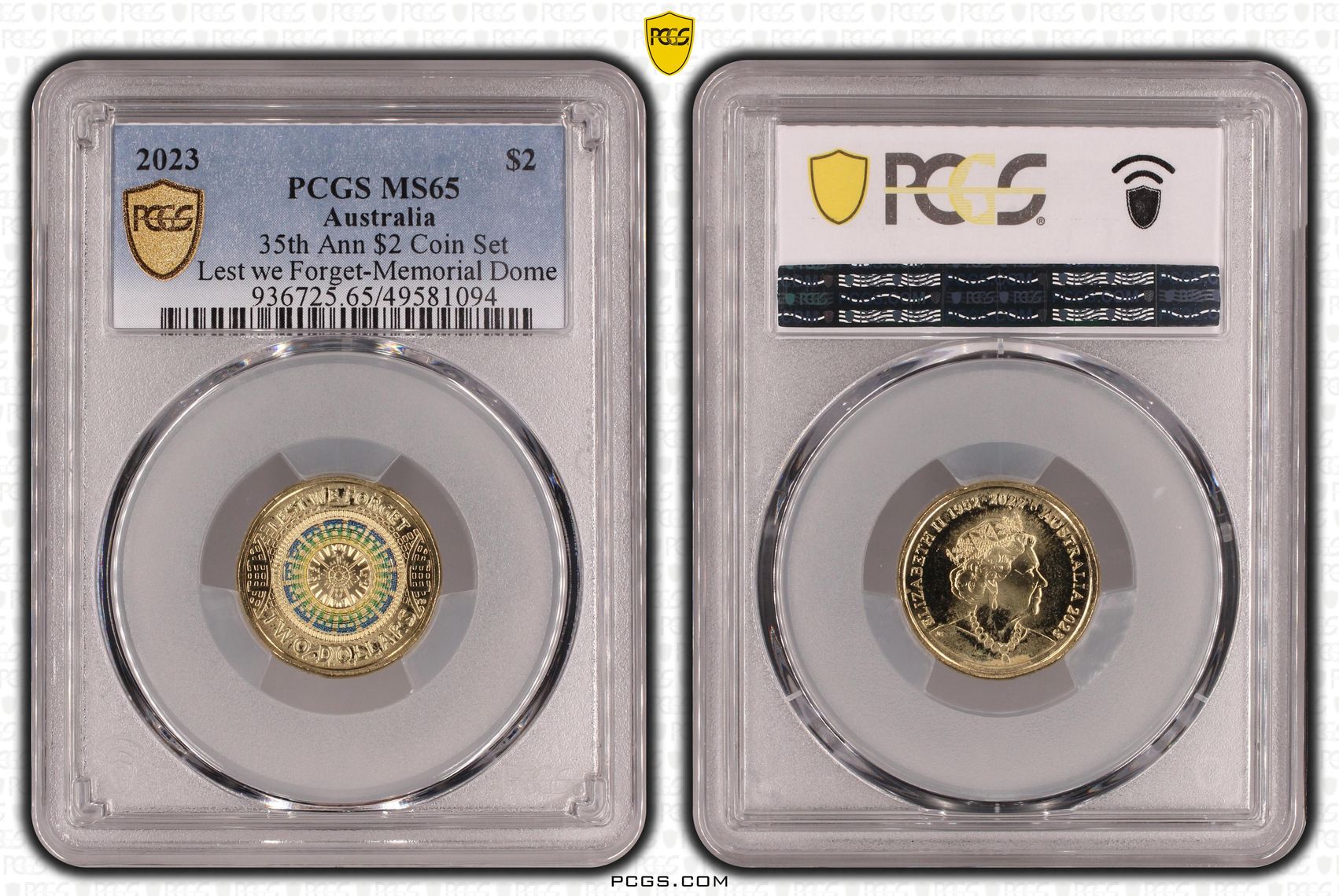 Elizabeth II, 35th Ann $2 Coin Set Colorized Lest we Forget-Memorial Dome , Two Dollar, 2023, PCGS MS65