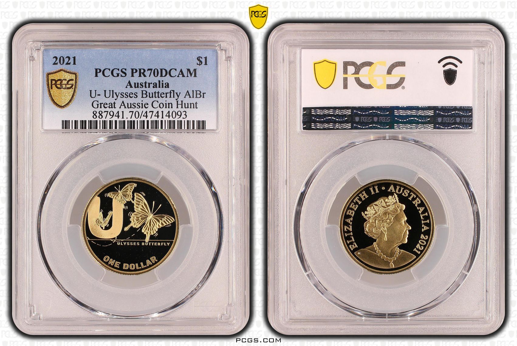Elizabeth II, U- Ulysses Butterfly AlBr, Pop 20/0, One Dollar, 2021, PCGS PR70DCAM