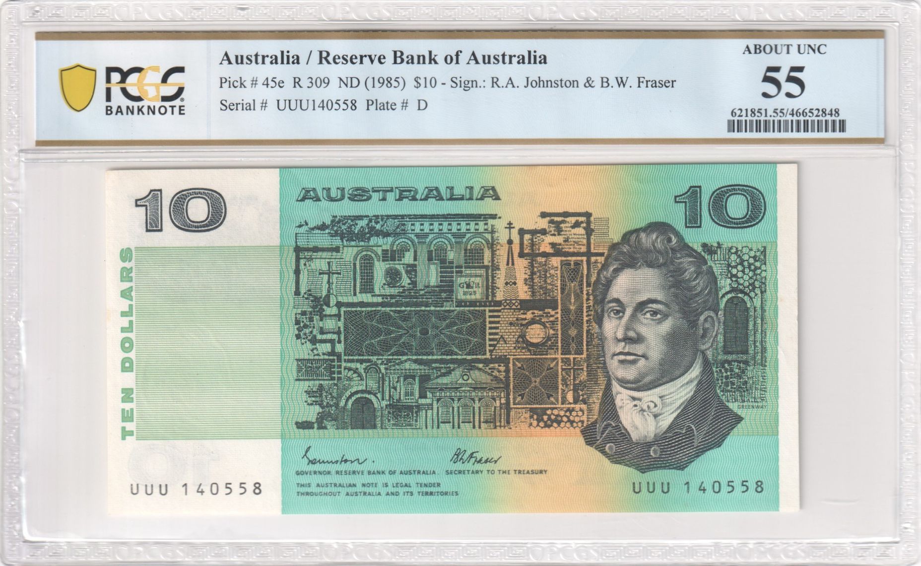 Johnston/Fraser, Ten Dollar, 1985, PCGS About UNC 55