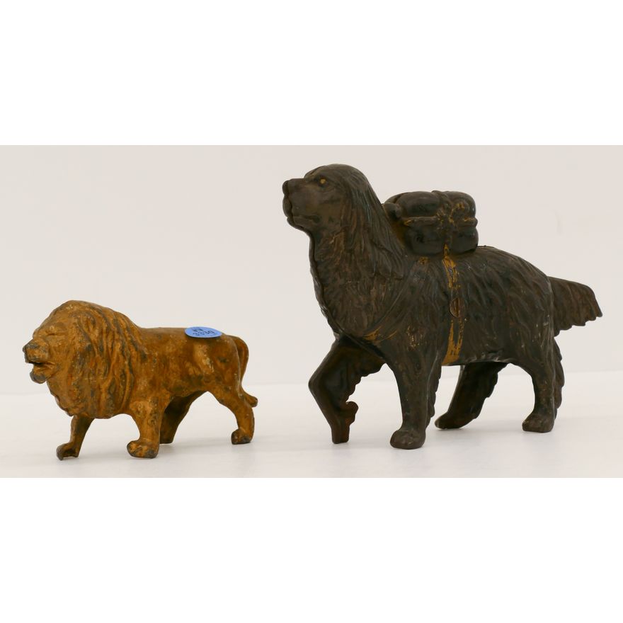 2pc Antique Dog and Lion Cast Iron Banks 5.5'' to 8''