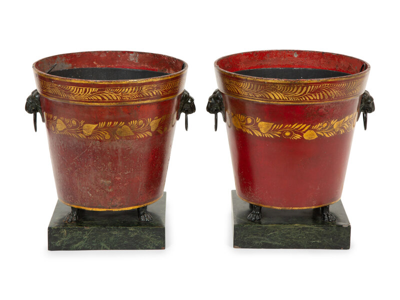 A Pair of French Red and Gilt
Tole Peinte Cache Pots