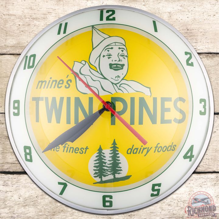 Mine's Twin Pines "The Finest Dairy Foods" 15" Double Bubble Advertising Clock