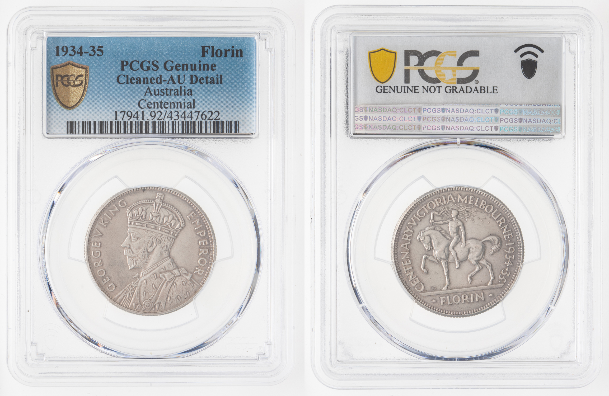 George V, Florin, 1934-35, PCGS Genuine Cleaned-AU Detail