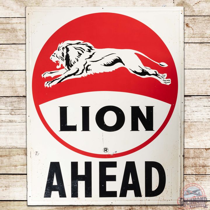 Lion Gasoline Ahead SS Tin Sign w/ Leaping Lion Logo