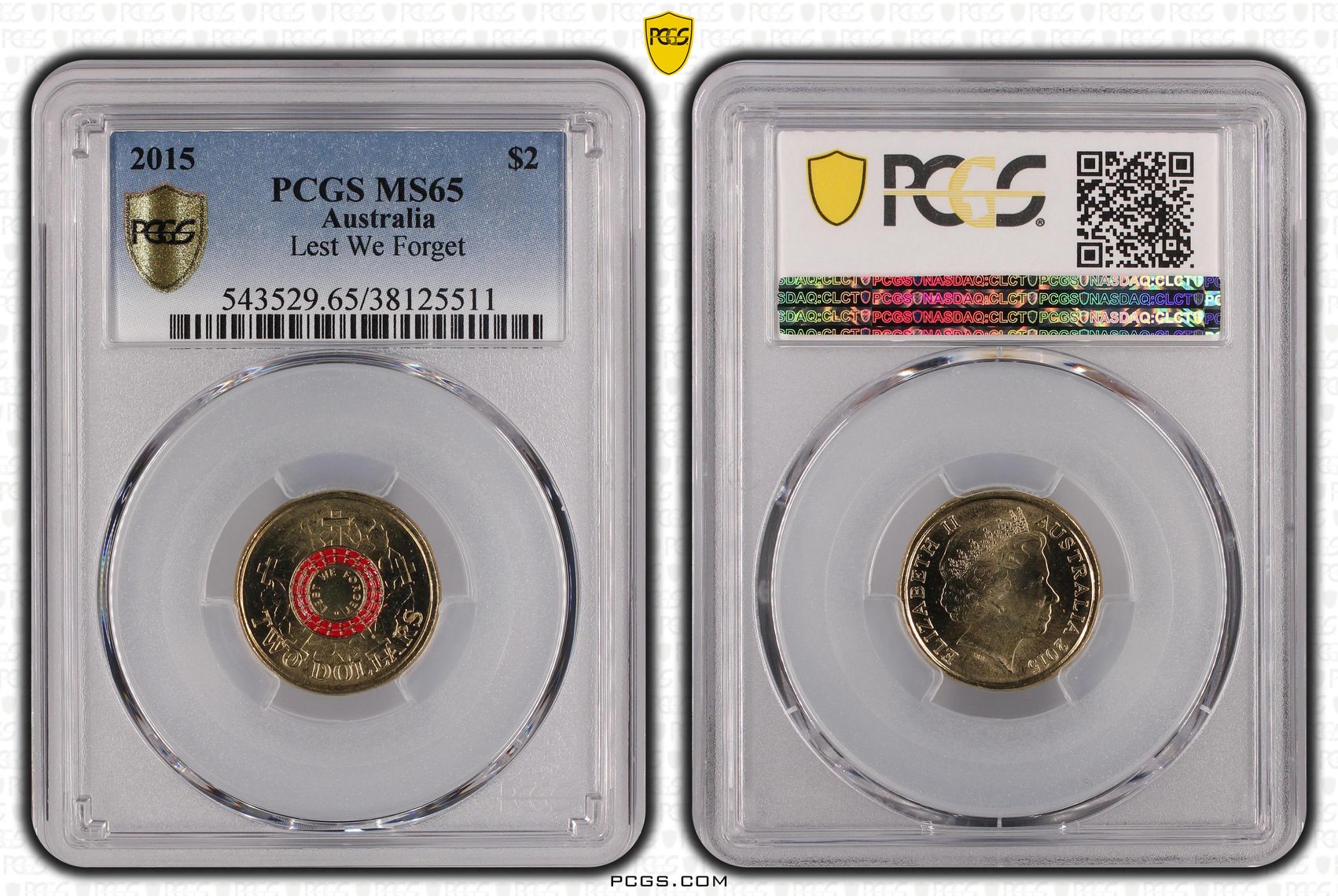 Elizabeth II, Lest We Forget Colorized, Two Dollar, 2015, PCGS MS65