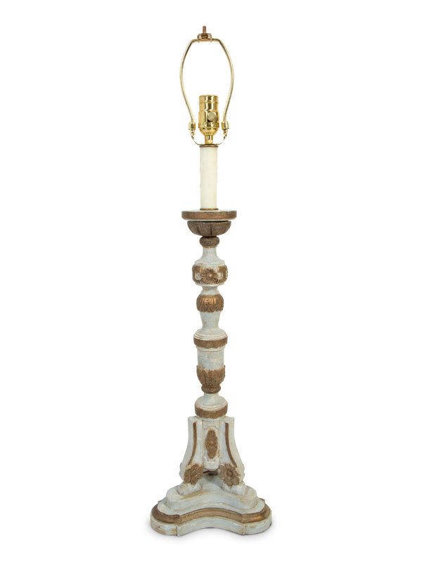 An Italian Painted and Parcel Gilt Pricket Mounted as a Lamp
Height 29 x diameter 9 inches.