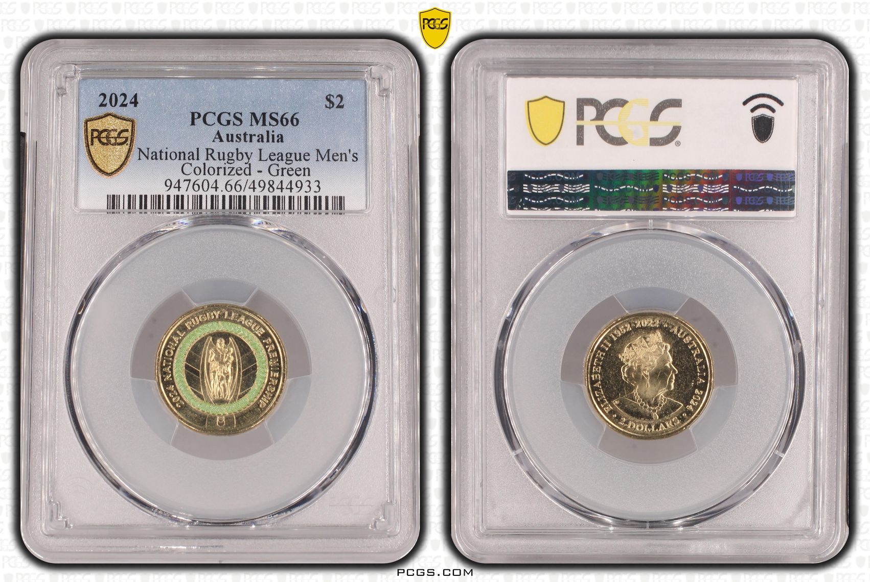 Elizabeth II, National Rugby League Men's Colorized - Green , Two Dollar, 2024, PCGS MS66