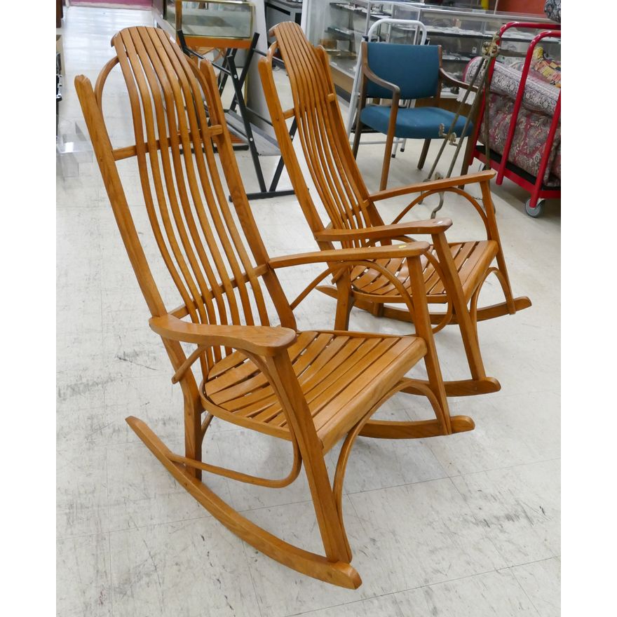 Pair Amish Style Handmade Bentwood Oak Rocking Chairs- 42x26x33'' each