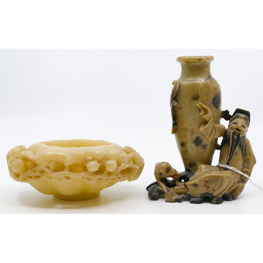 2pc Old Chinese Soapstone Figural Vase and Brush Washer 5.5'' Approx.