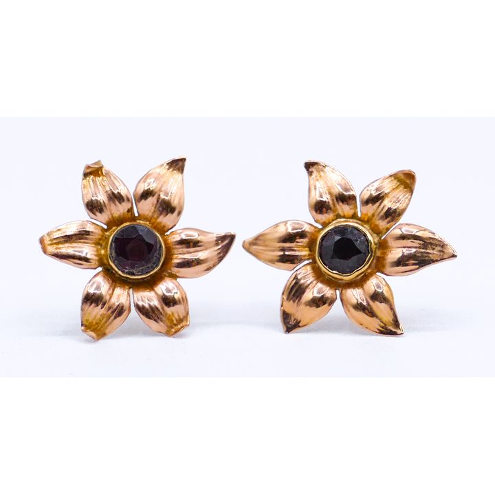 Pair 14k Garnet Flower Earrings 20mm - 2.6 Grams TW