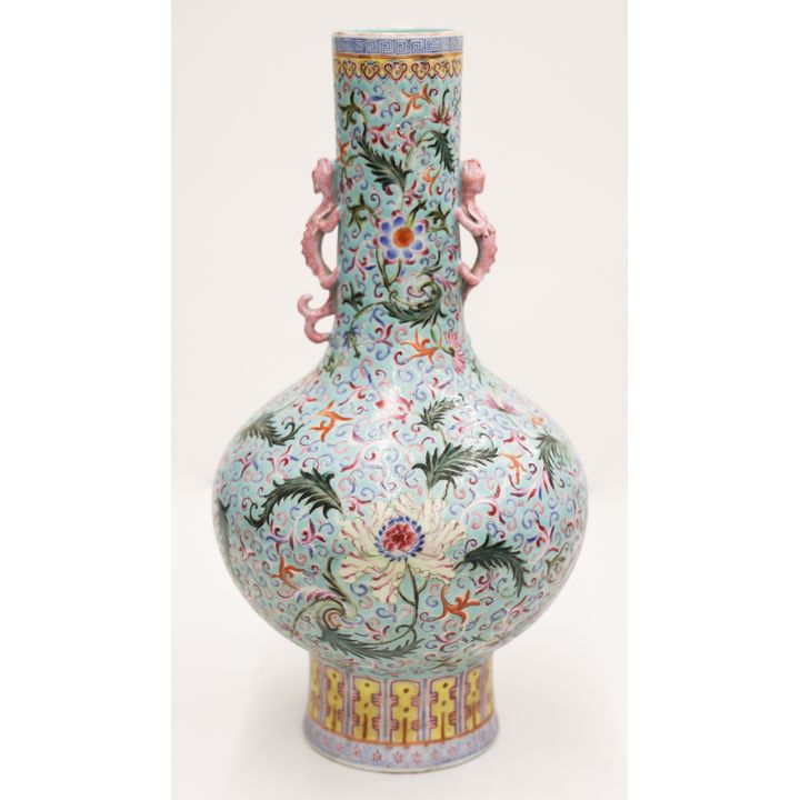 Chinese Famille Rose Bottle Vase with Chilong Handles
