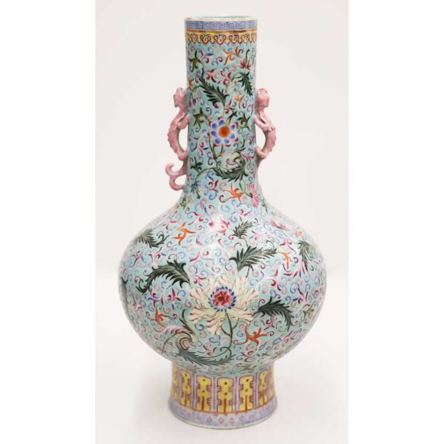 Chinese Famille Rose Bottle Vase with Chilong Handles