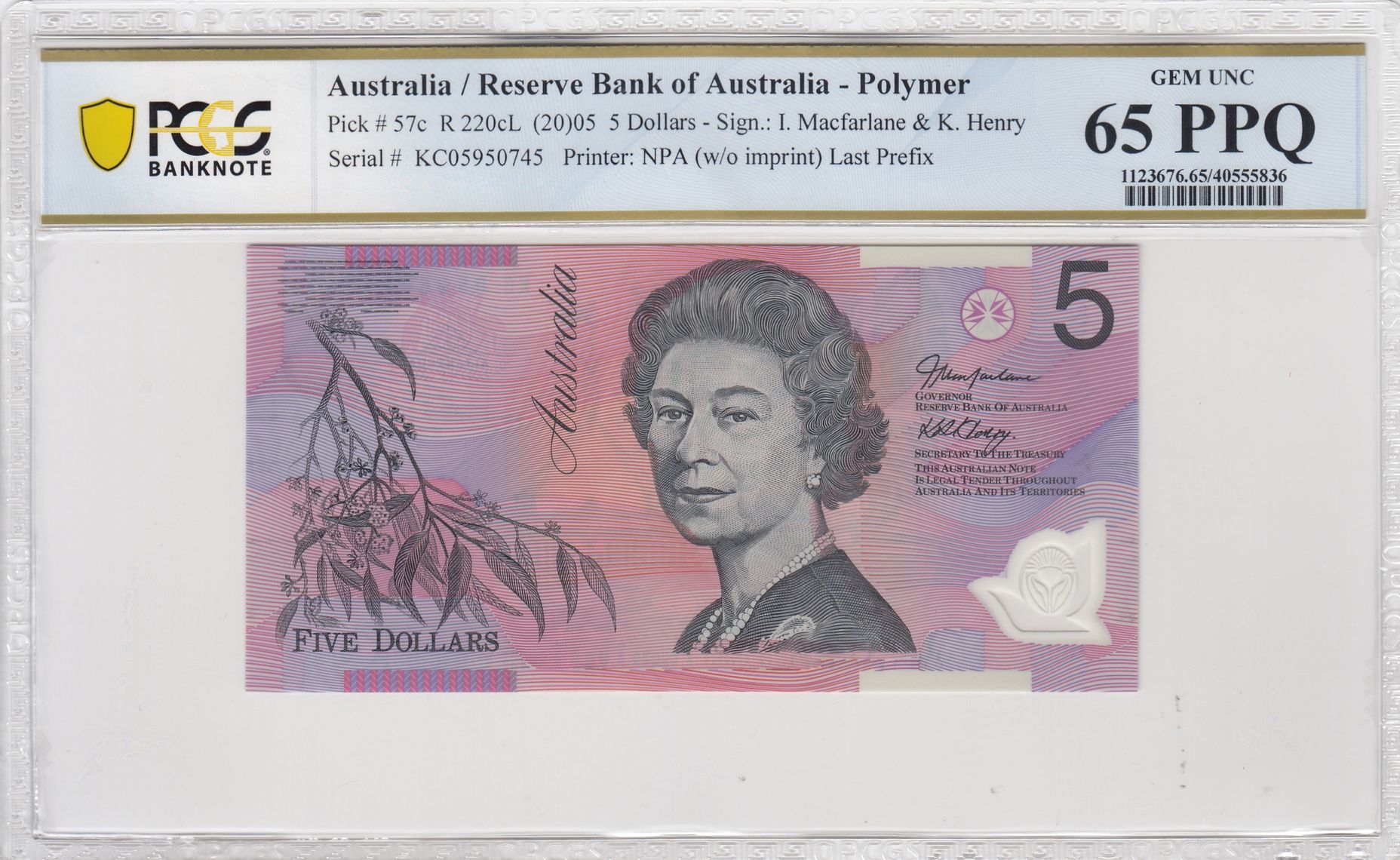 Macfarlane/Henry, Last Prefix, Five Dollar, 2005, PCGS Gem UNC 65 PPQ