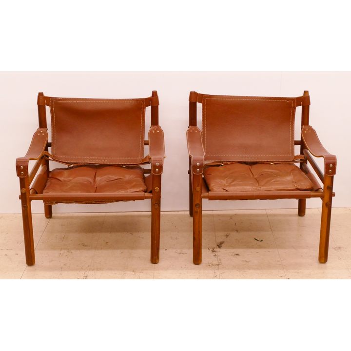 Pair Midcentury Arne Norell Teak & Leather Sirocco Chairs- 29x27x26''