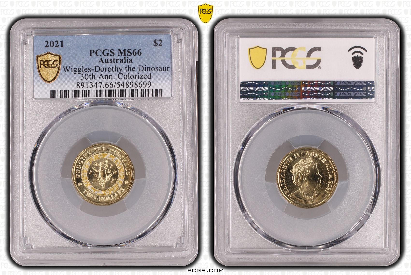 Wiggles-Dorothy the Dinosaur 30th Ann. Colourised, Two Dollar, 2021, PCGS MS66
