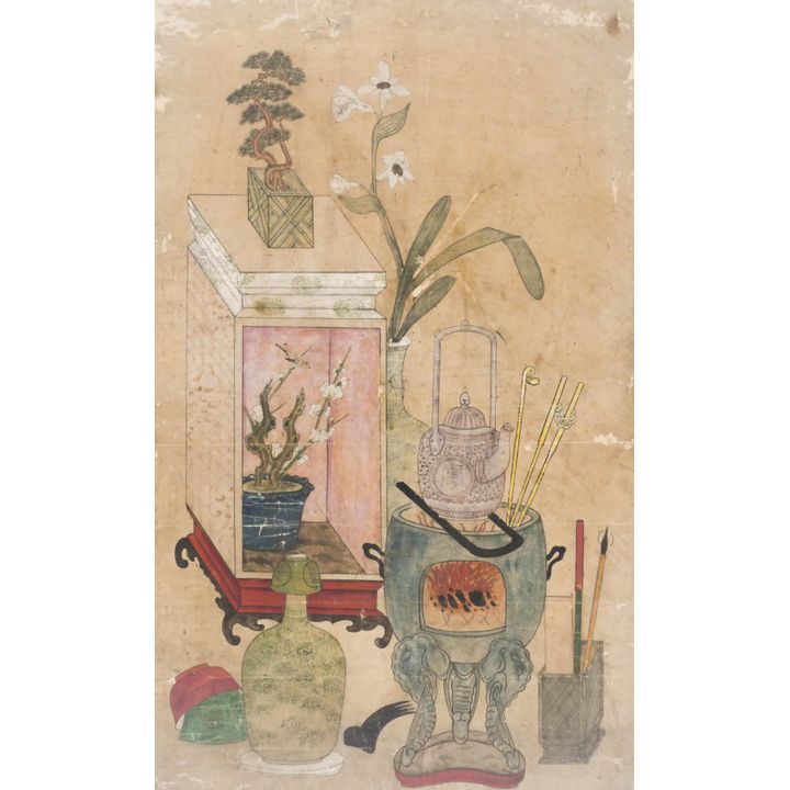 Korean Joseon Scholarly Objects Watercolor Painting