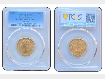 1870 VICTORIA SHIELD SOVERIEGN W.W. RAISED DIE 84 PCGS AU58