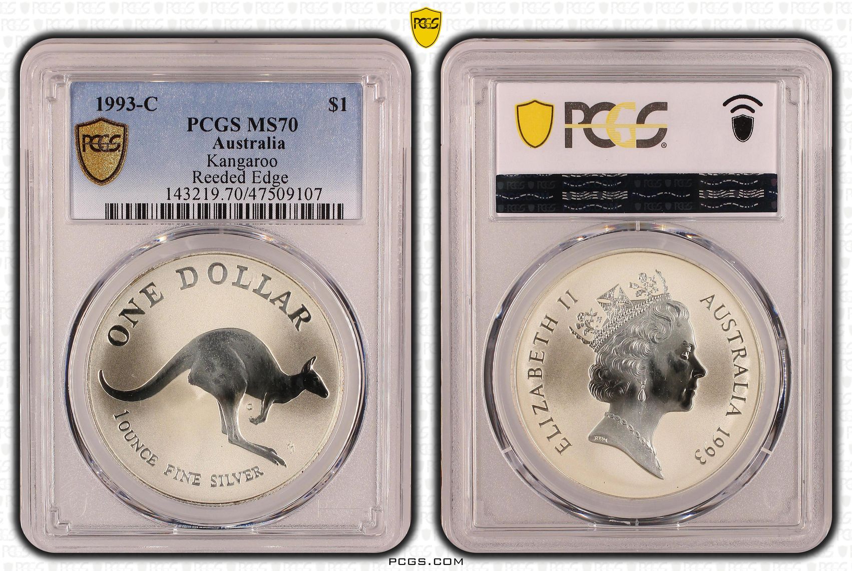 Elizabeth II, Kangaroo - Reeded Edge, Pop 8/0, One Dollar, 1993-C, PCGS MS70