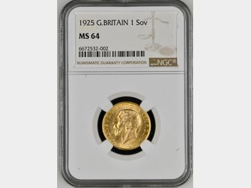 1925 GEORGE V 'HIGH RIM' LONDON MINT GOLD SOVEREIGN MS64