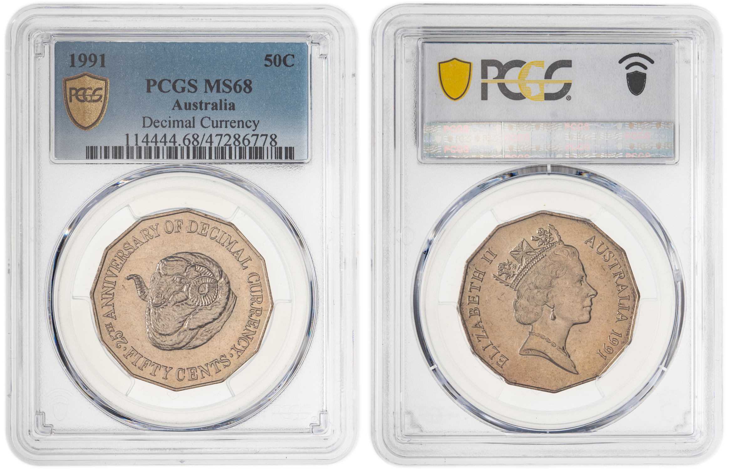 Elizabeth II, 25th Anniversary Decimal Currency, Fifty Cent, 1991, PCGS MS68