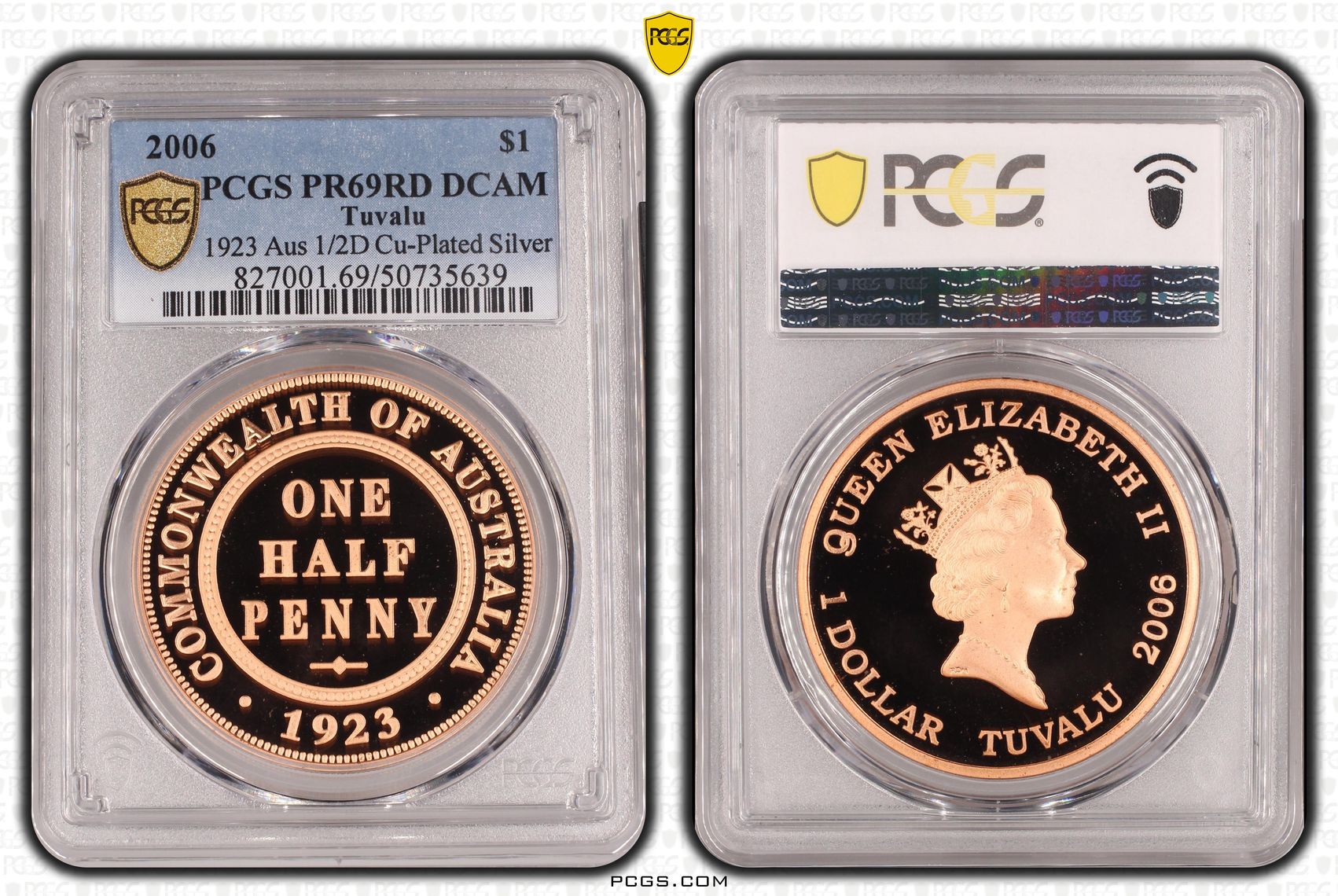 Tuvalu, 1923 Aus 1/2D Cu-Plated Silver POP 2/0, One Dollar, 2006, PCGS PR69DCAM