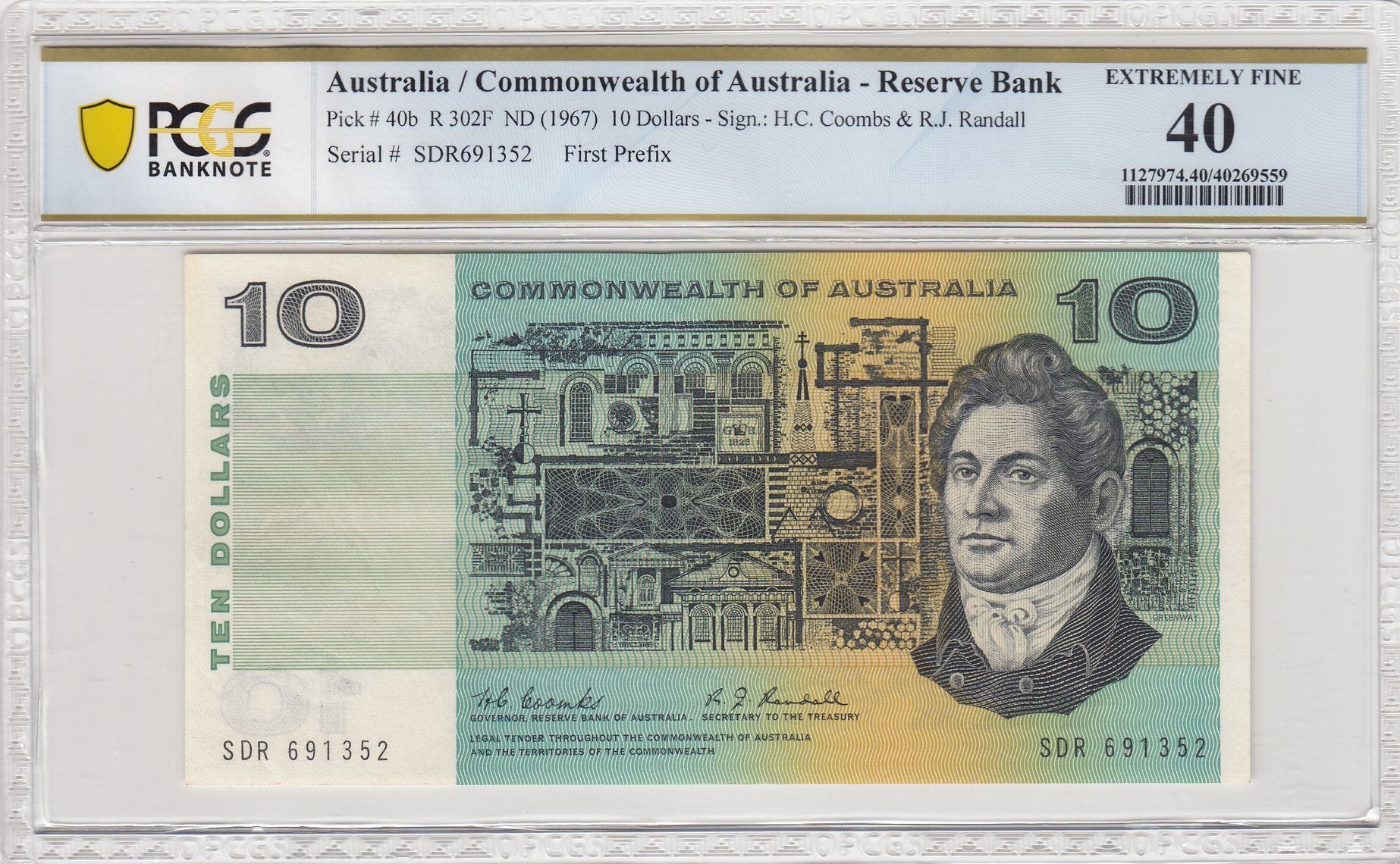 1967 Australia $10 Banknote Coombs/Randall First Prefix Extremely Fine 40 PCGS