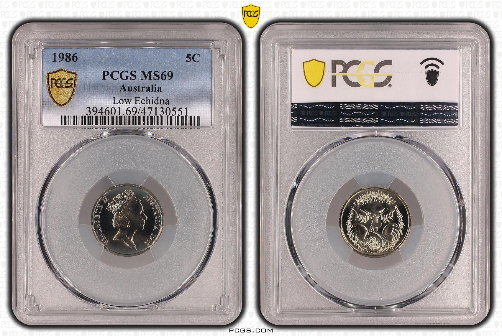 Elizabeth II, Low Echidna, Pop 15/0, Five Cent, 1986, PCGS MS69