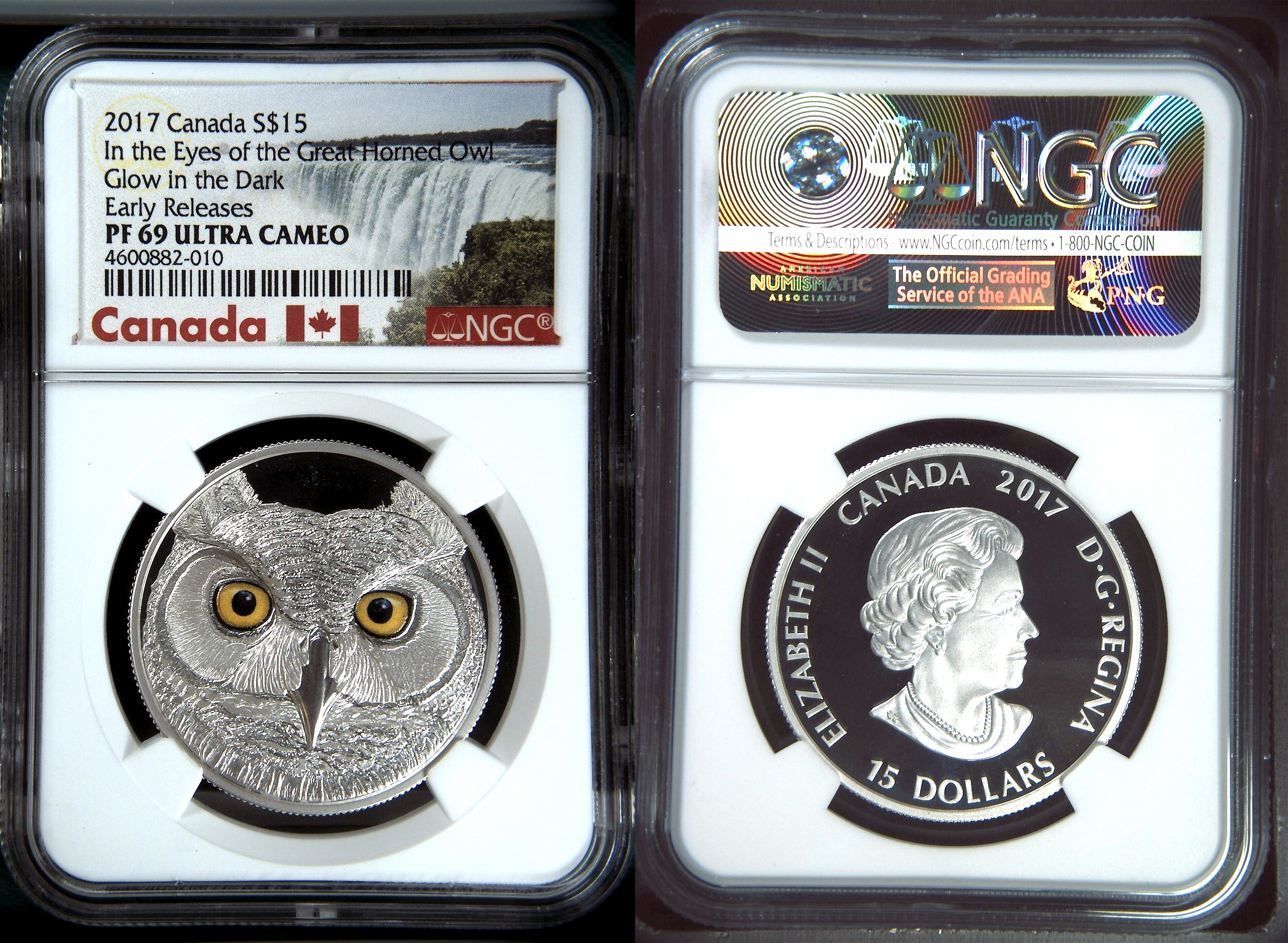 Canada, In The Eyes Of The Great Owl - Glow In The Dark, Fifteen Dollar, 2017, NGC PF 69 ULTRA CAMEO