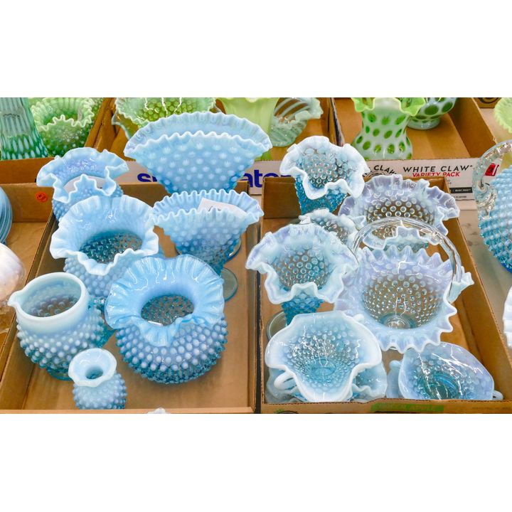 2 Boxes Fenton Blue Opalescent Hobnail Glass 17pc