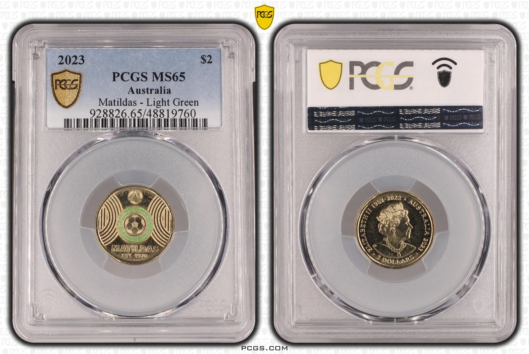 Matildas - Light Green Colorized, Two Dollar, 2023, PCGS MS65