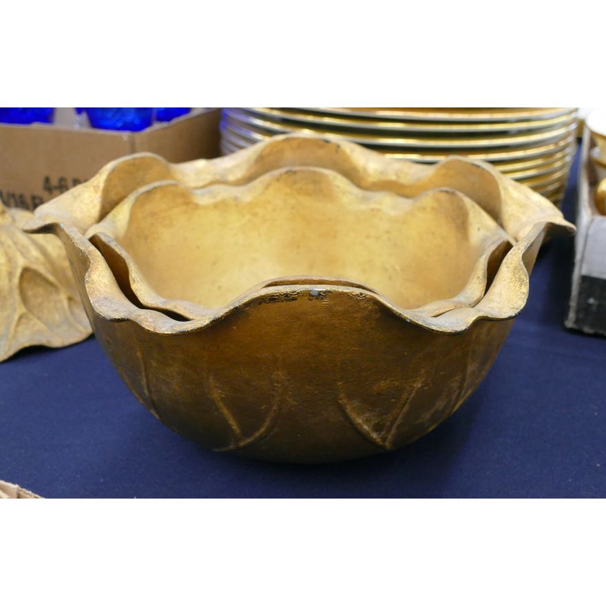 Pair Gilt Aluminum Lotus Bowls- 8'' and 10'' in diameter