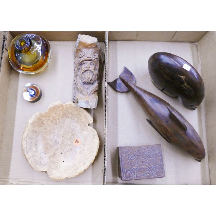 2 Boxes Wood Figures Etc