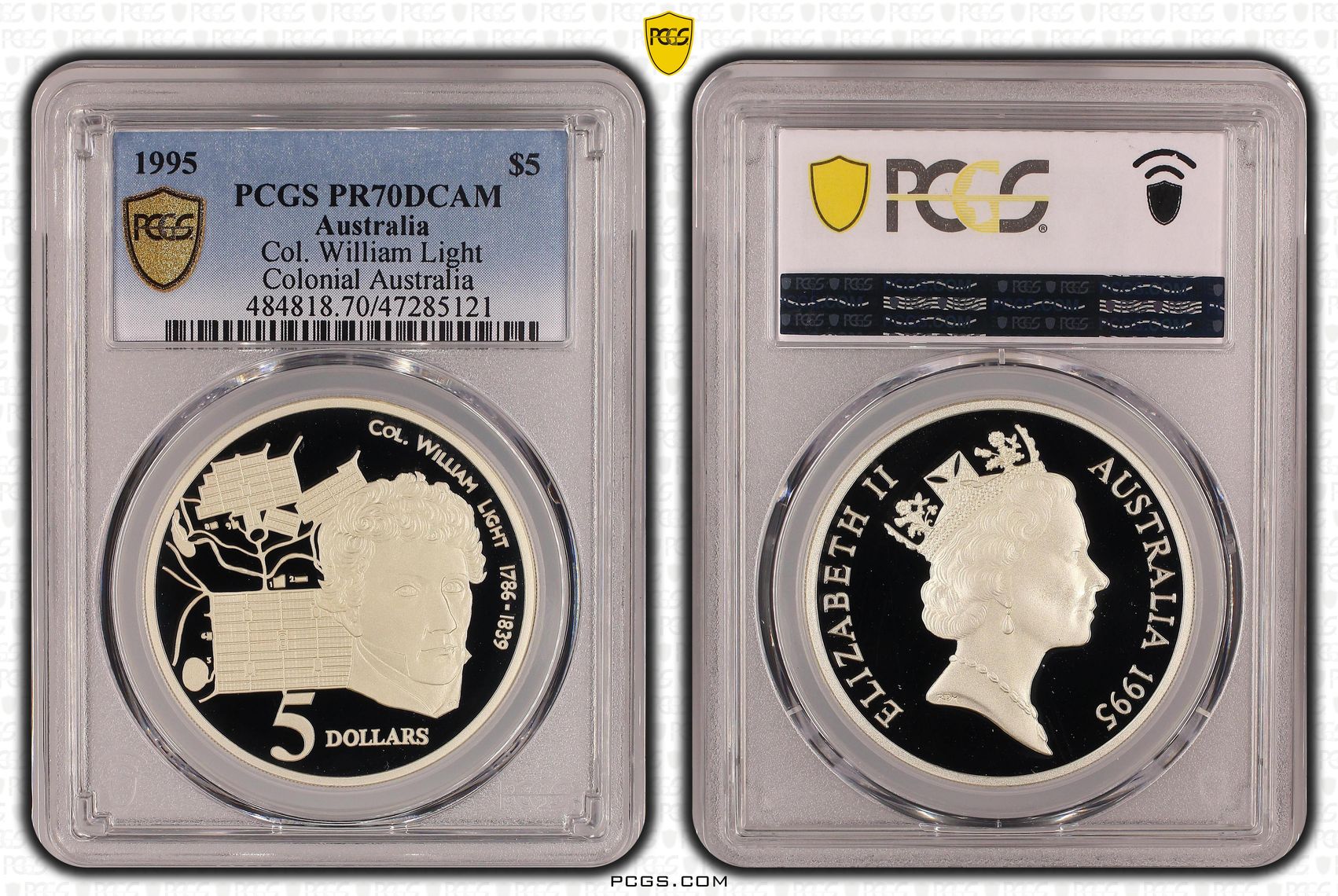 Elizabeth II, Col. William Light - Colonial Australia, Pop 11/0, Five Dollar, 1995, PCGS PR70DCAM