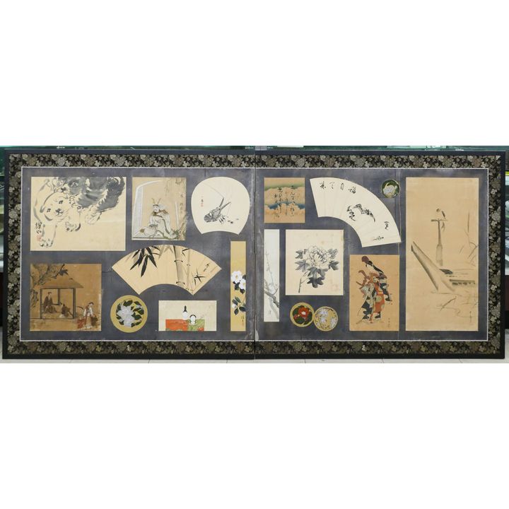 Japanese Meiji Fan Painted Two Panel Screen