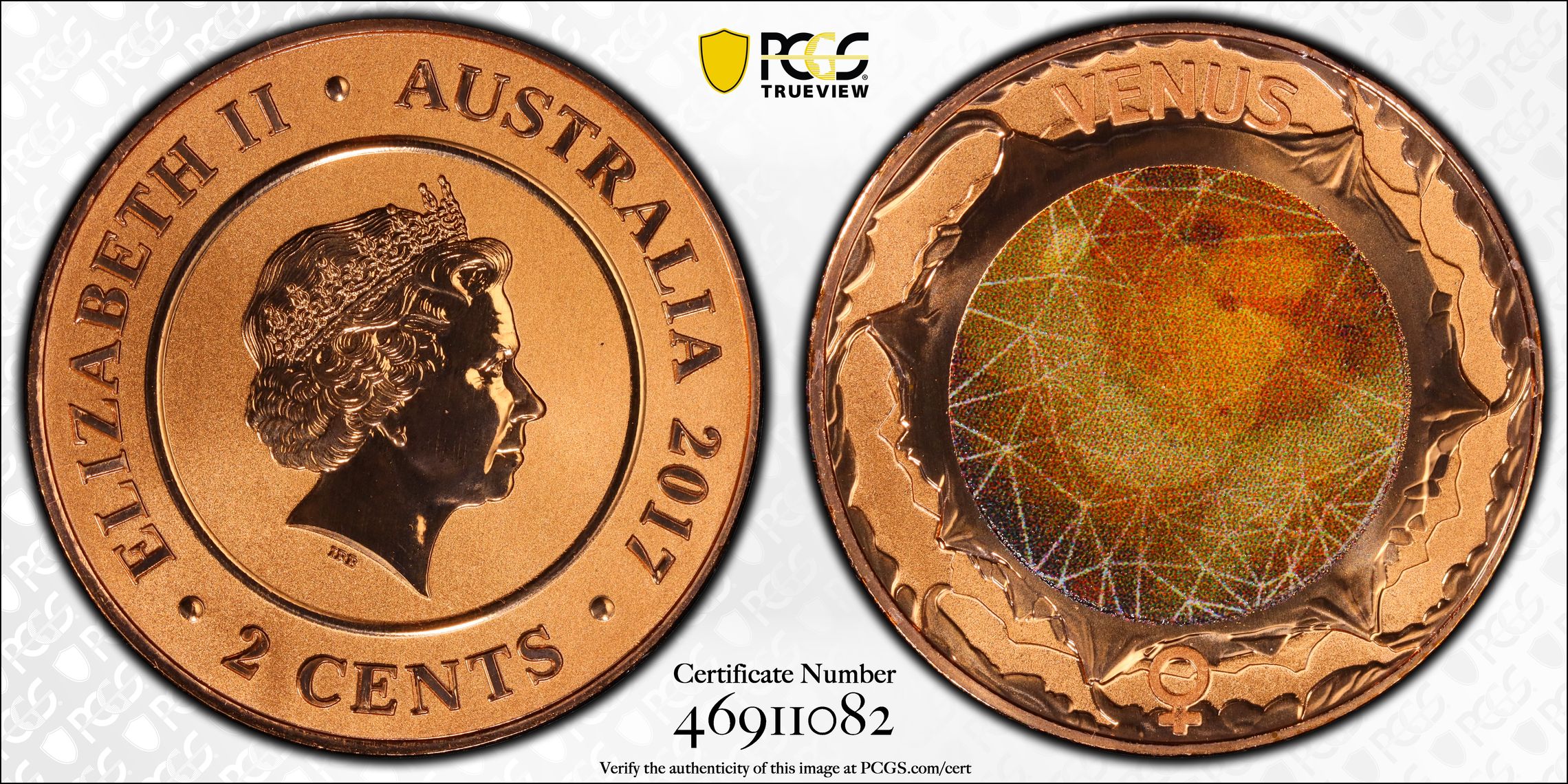 Planetary Coins Venus, Two Cent, 2017, PCGS MS 70RD