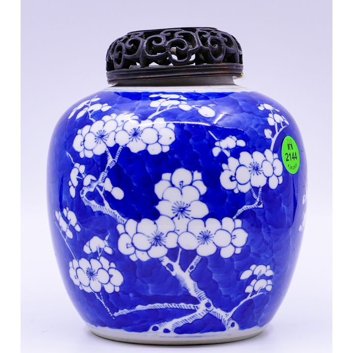 Antique Chinese B&W Prunus Jar w/ Rosewood Cover- 6''