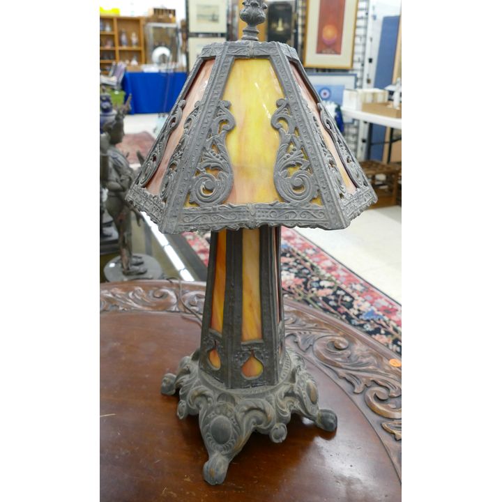 Antique Slag Glass Metal Table Lamp 22''x13''
