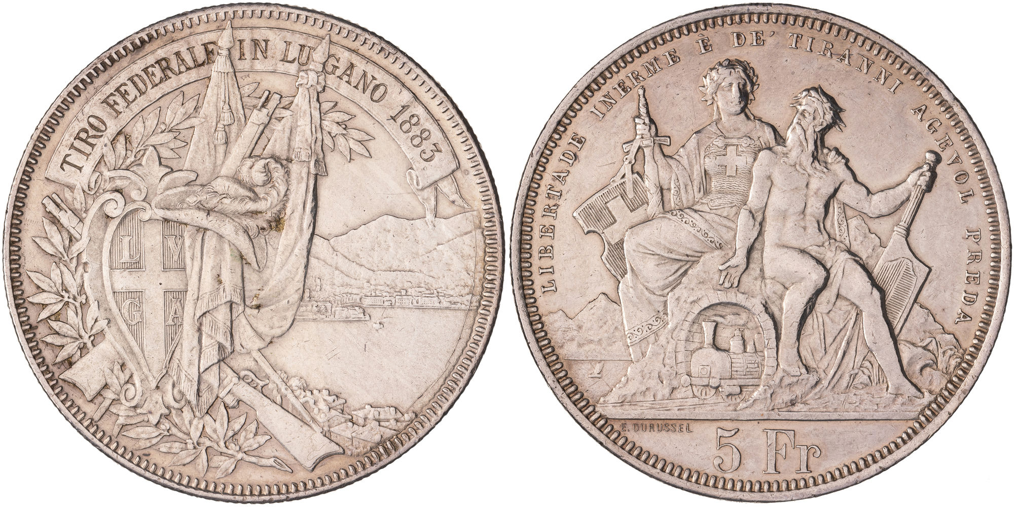Switzerland, Lugano Shooting Festival, Five Francs, 1883, VF