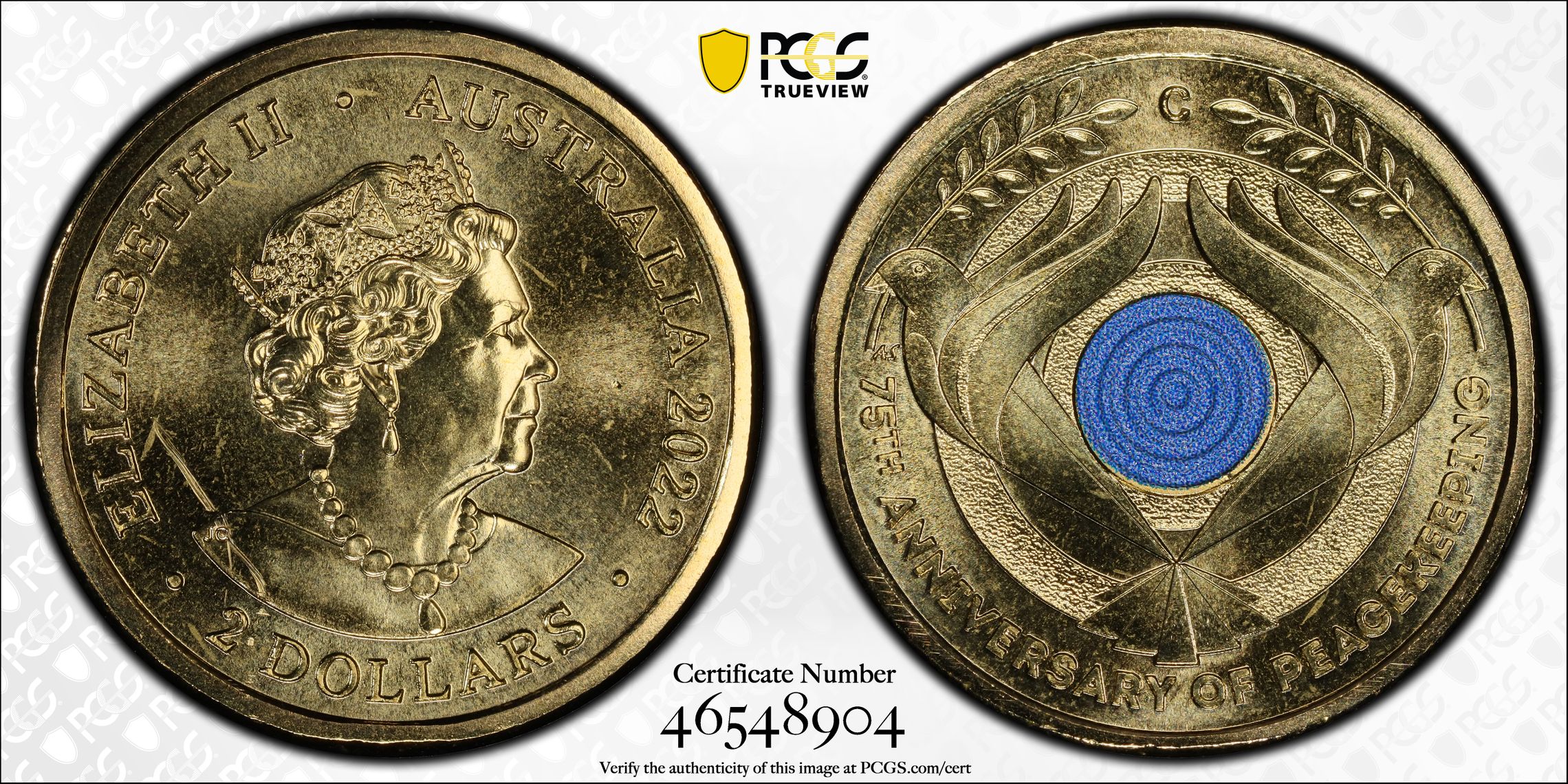 Elizabeth II, Peacekeeping Colorized, Two Dollar, 2022-C, PCGS Genuine - UNC Details (95 - Scratch)