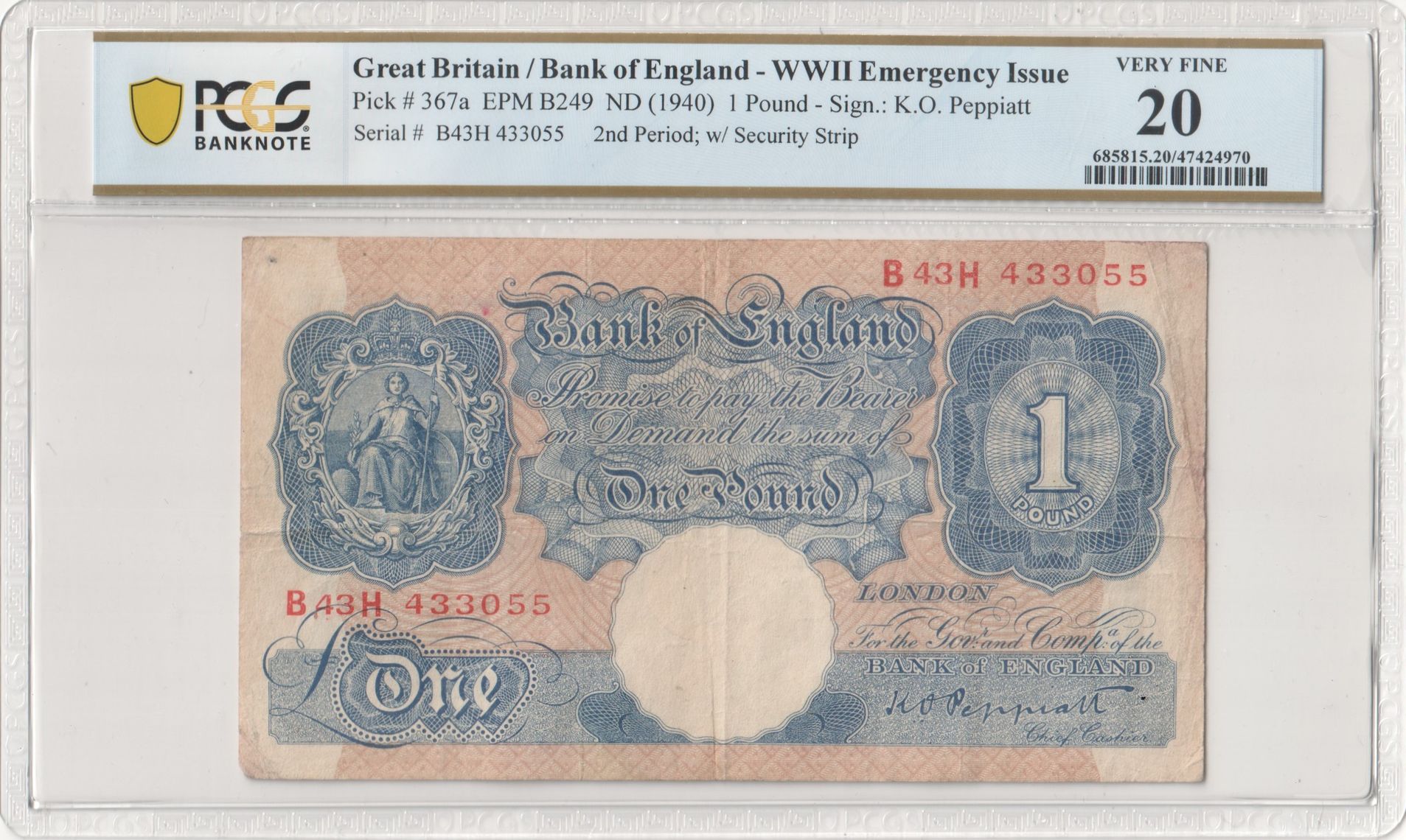 Great Britain, WWII Emergency Issue, K.O. Peppiatt, 2nd Period; w/ Security Strip, One Pound, 1940, PCGS Very Fine 20