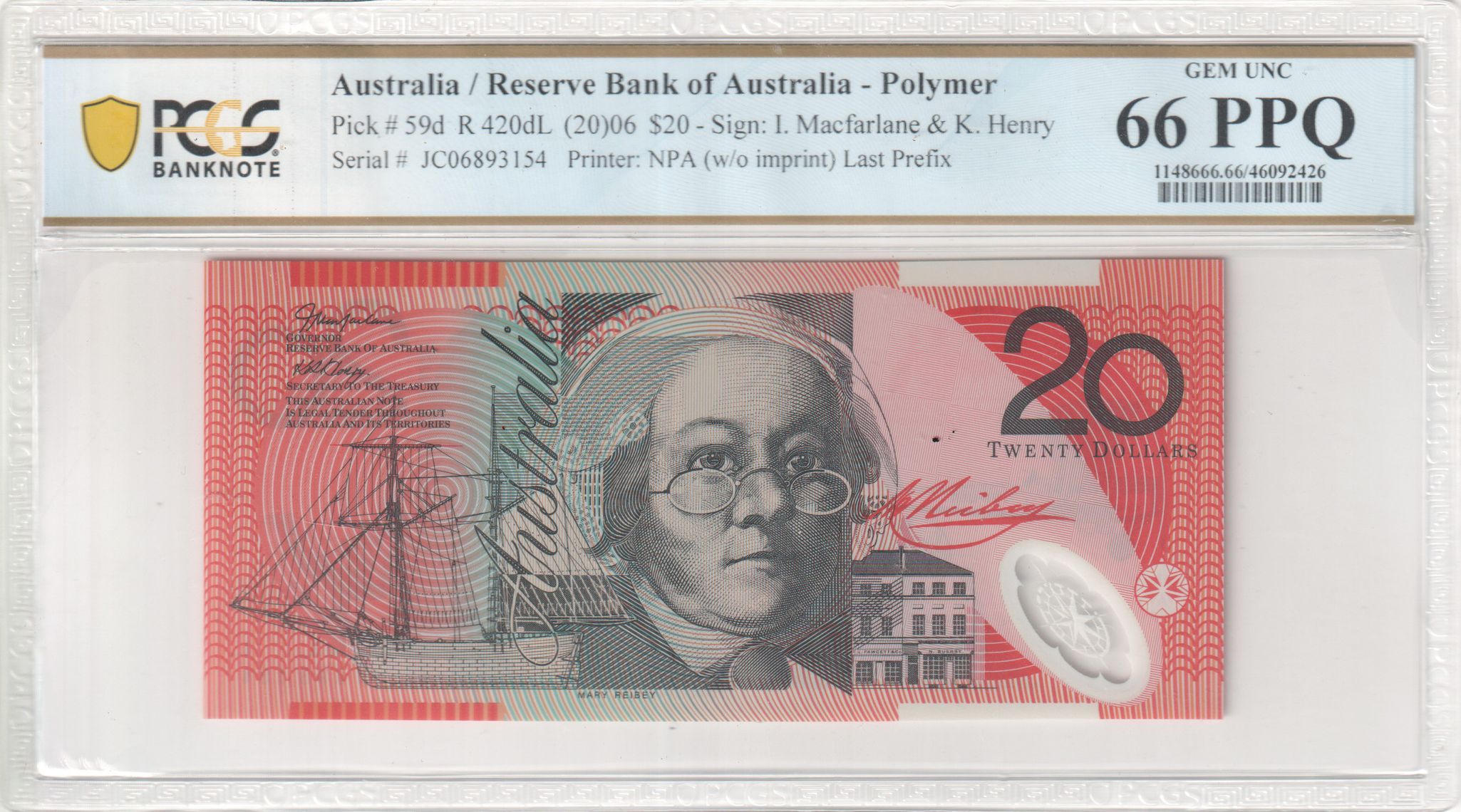 Macfarlane/ Henry, Last Prefix, Twenty Dollar, 2006, PCGS Gem UNC 66 PPQ