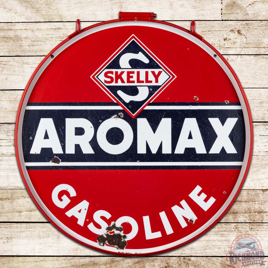 Skelly Aromax Gasoline 30" Double Sided Porcelain Logo Sign w/ Ring
