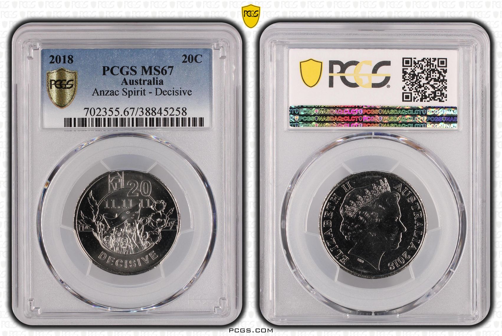 2018 Australia Twenty Cent, 20c Anzac Spirit - Decisive PCGS - MS67 -258