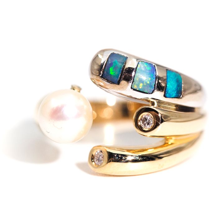 Pearl, Diamond & Opal Inlay 18 Carat Gold Ring