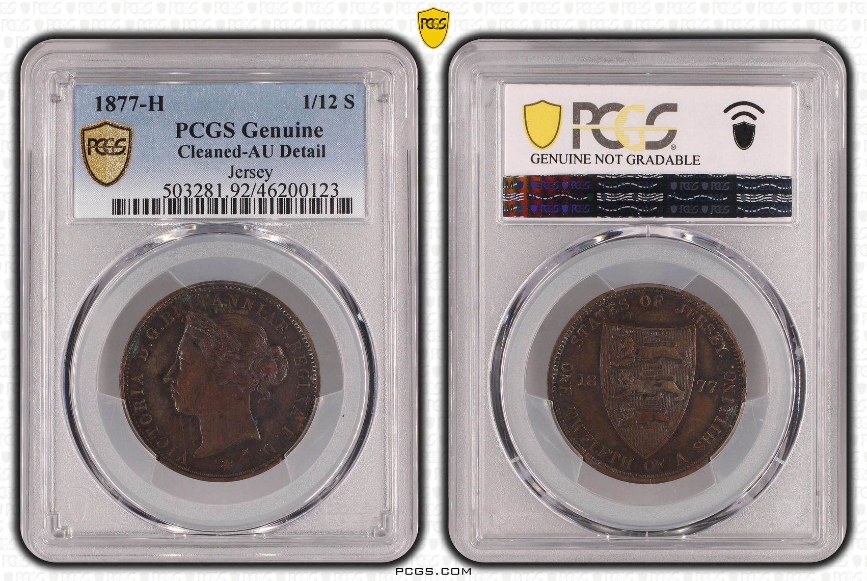 Jersey, One Twelfth Shilling, 1877-H, PCGS Genuine - AU Details (92 - Cleaned)