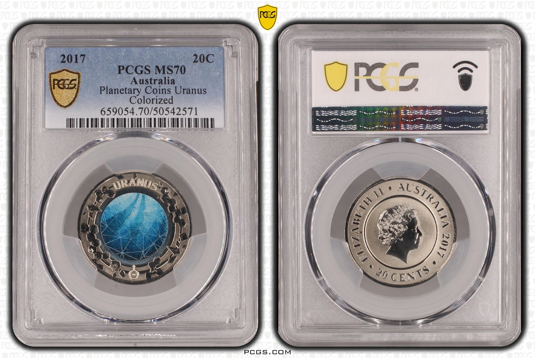 Planetary Coins Uranus Colorized, Twenty Cent, 2017, PCGS MS70