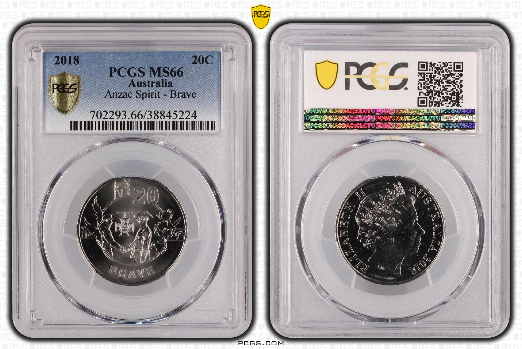 2018 Australia Twenty Cent, 20c Anzac Spirit - Brave PCGS - MS66 POP 5/0 -224