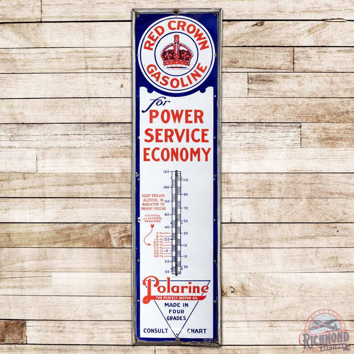 Red Crown Gasoline "Power Service Economy" Polarine Motor Oil 6' SS Porcelain Thermometer Sign w/ Logo